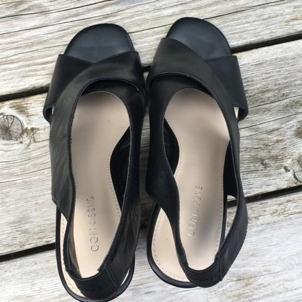 COM & SENS Leather Missy Wedge Sandal in Black 7.5
